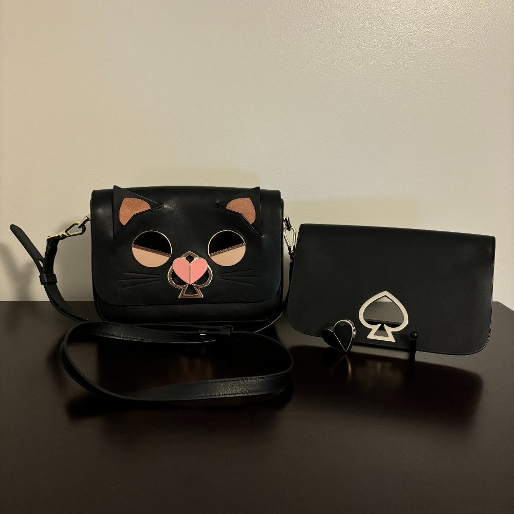 Kate Spade Heritage Make It Mine Black Pink Cat Flap Clutch Crossbody